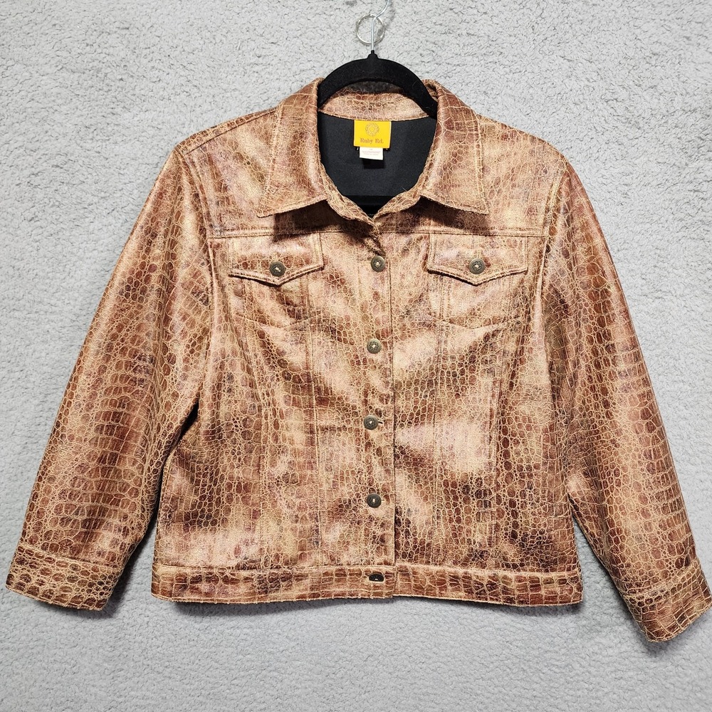 Ruby Rd Brown Jacket Animal Print 3/4 Sleeves Size 12 Comfort Casual Button